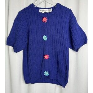 Vintage The Eagle’s Eye Blue Cable Knit Sweater With Painted Wood Buttons Sz Lg